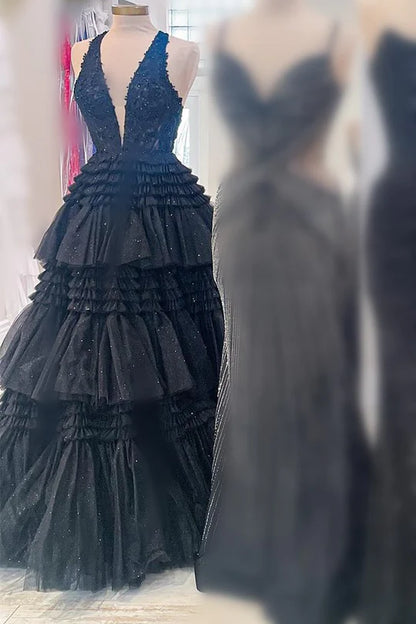 Tulle Appliques Halter Ruffle Tiered Ball Gown
