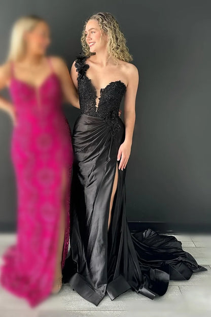 One-Shoulder 3D Floral Lace Pleated Long Gown with Slit