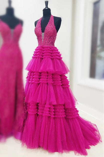 Tulle Appliques Halter Ruffle Tiered Ball Gown