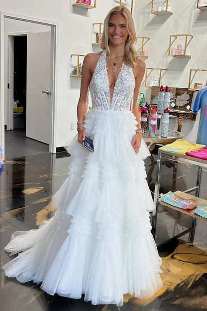 Tulle Appliques Halter Ruffle Tiered Ball Gown