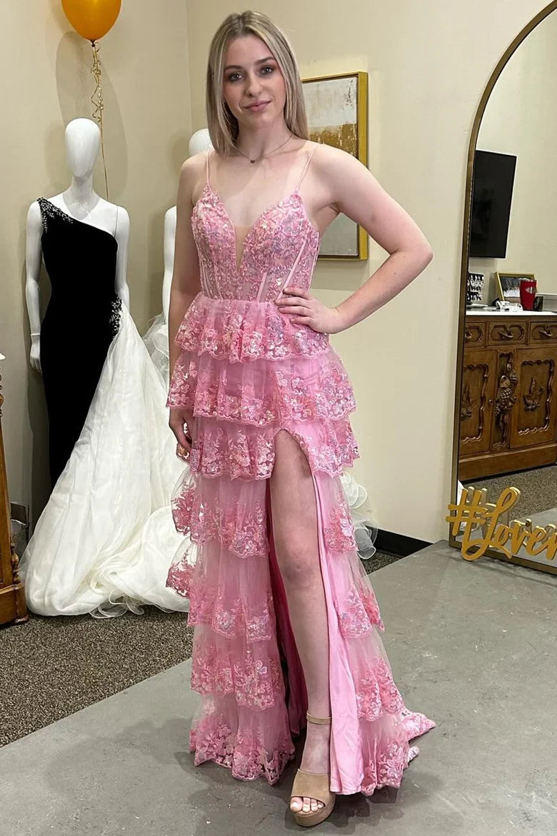 Glitter Appliques Lace-Up Ruffle Tiered Long Dress with Slit