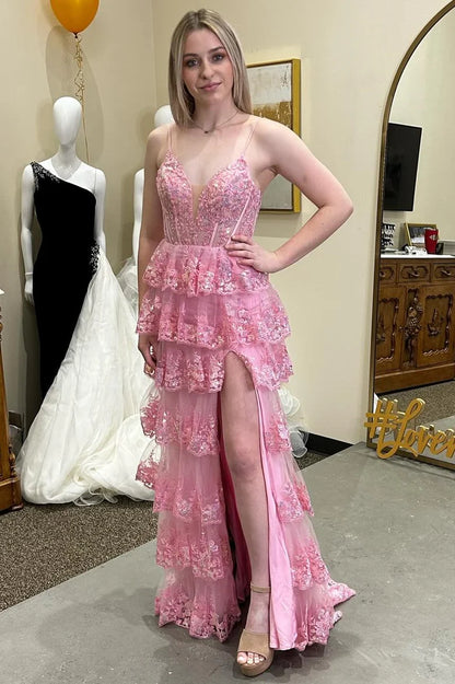 Glitter Appliques Lace-Up Ruffle Tiered Long Dress with Slit