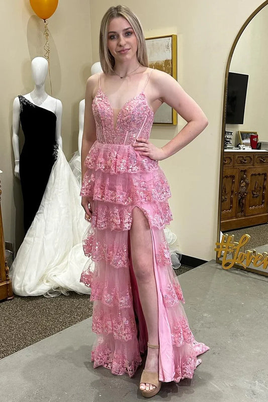 Glitter Appliques Lace-Up Ruffle Tiered Long Dress with Slit