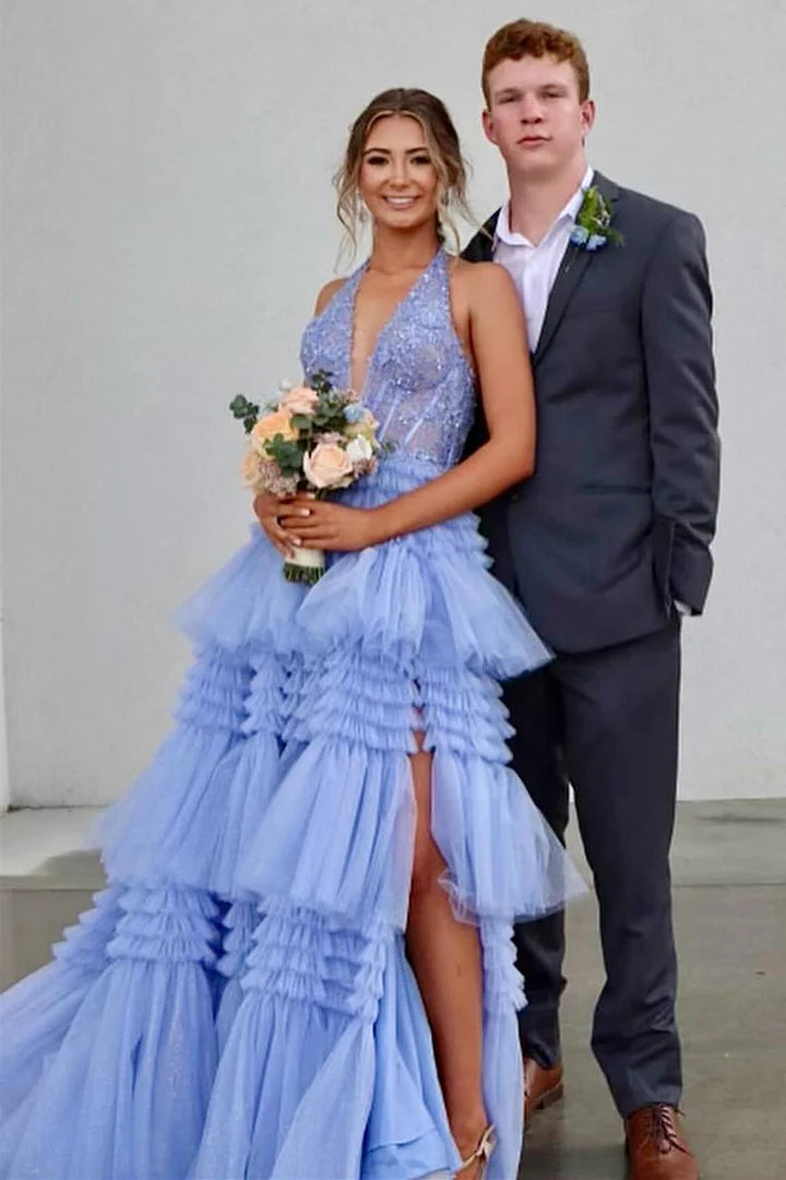 Tulle Appliques Halter Ruffle Tiered Ball Gown