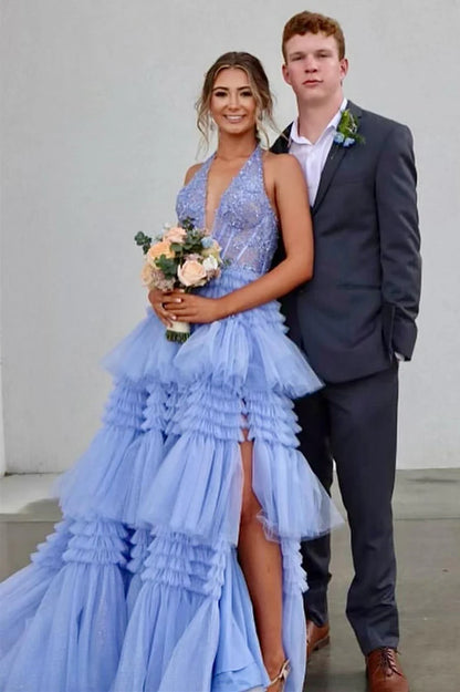Tulle Appliques Halter Ruffle Tiered Ball Gown