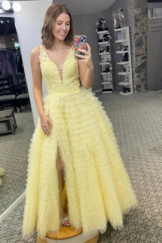 Plunge V Ruffle Tiered Long Prom Dress with Slit