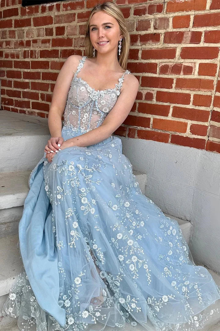 Floral Lace Corset Tulle Prom Dress