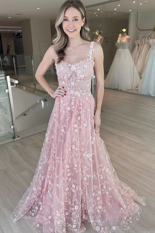 Floral Lace Corset Tulle Prom Dress