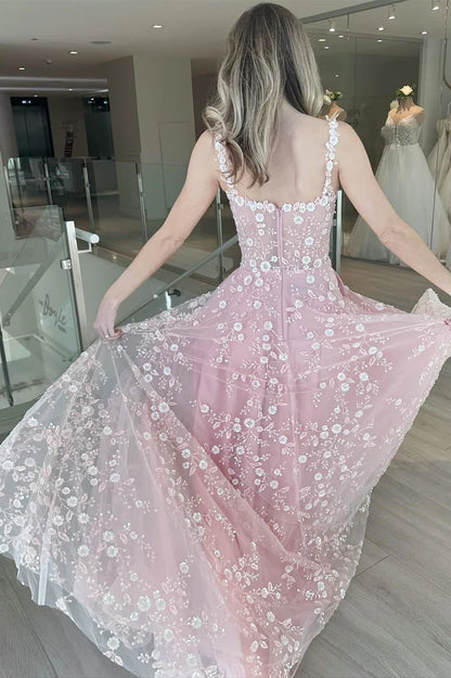 Floral Lace Corset Tulle Prom Dress