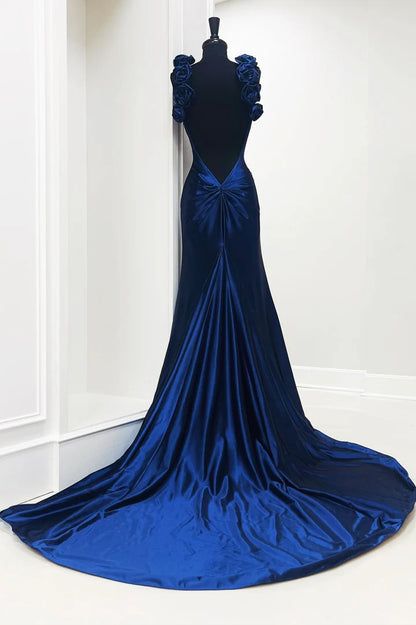Rosette Plunge V Backless Mermaid Long Gown