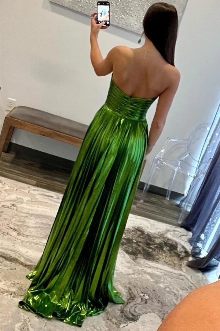 Metallic Strapless Pleated Gown