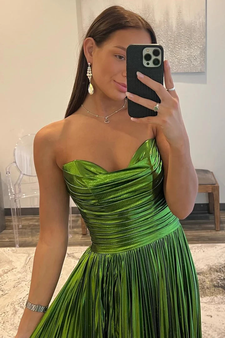 Metallic Strapless Pleated Gown