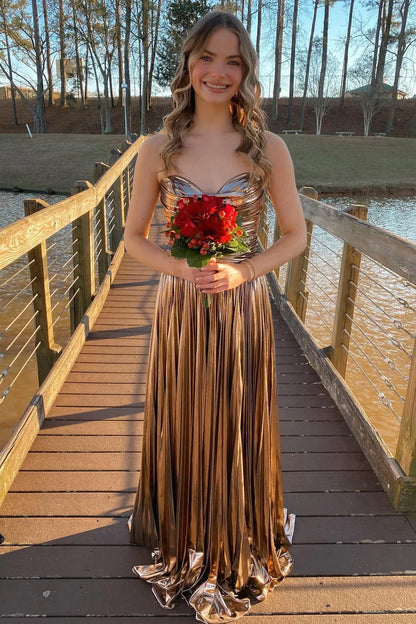 Metallic Strapless Pleated Gown