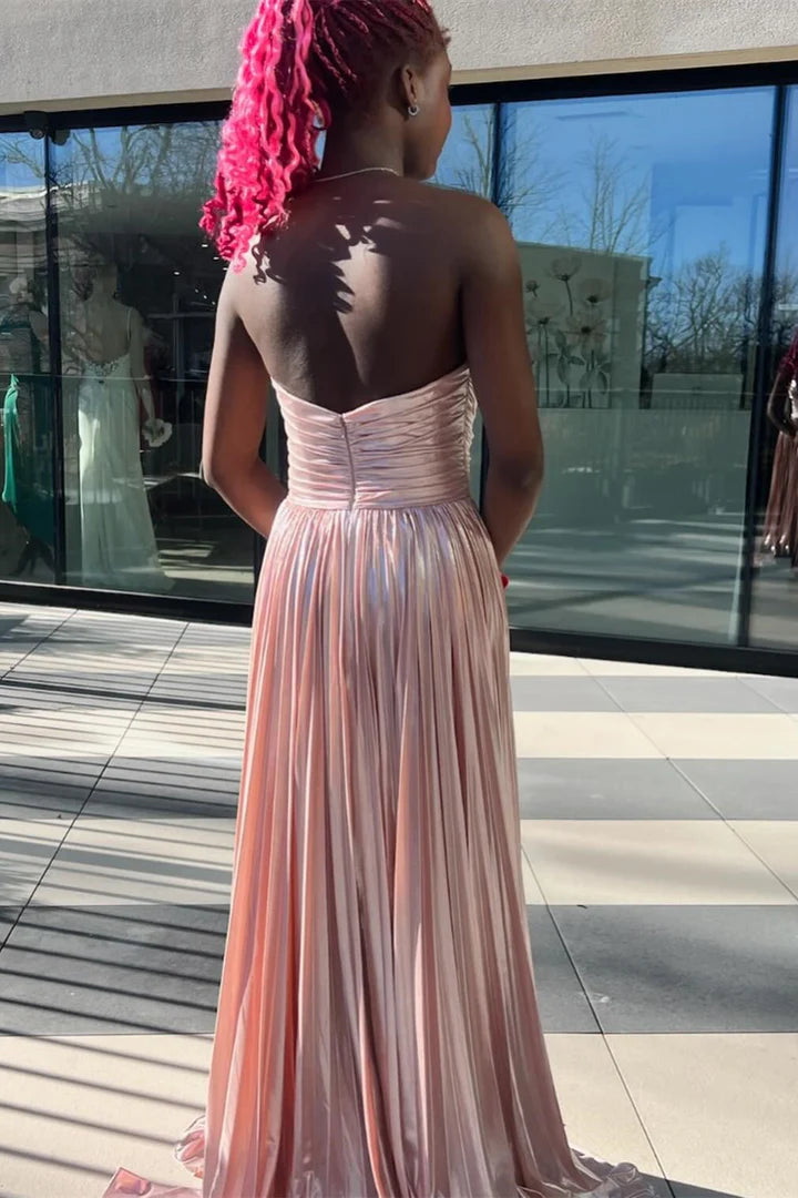 Metallic Strapless Pleated Gown