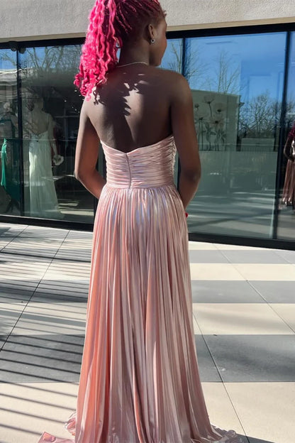 Metallic Strapless Pleated Gown