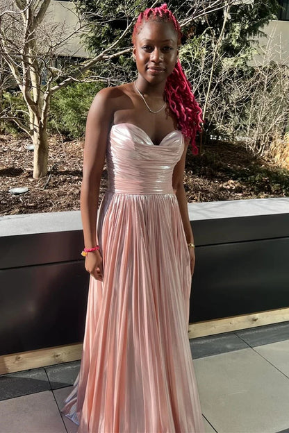Metallic Strapless Pleated Gown