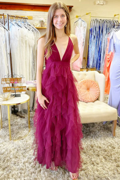Cross-Back Plunge V Ruffle Maxi Dress