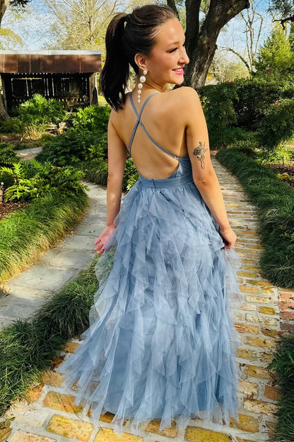 Cross-Back Plunge V Ruffle Maxi Dress