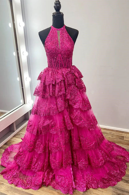 Halter Keyhole Glitter Appliques Ruffle Tiered Prom Gown
