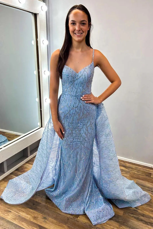 Sequin Lace V-Neck Long Formal Dress with Attached Train