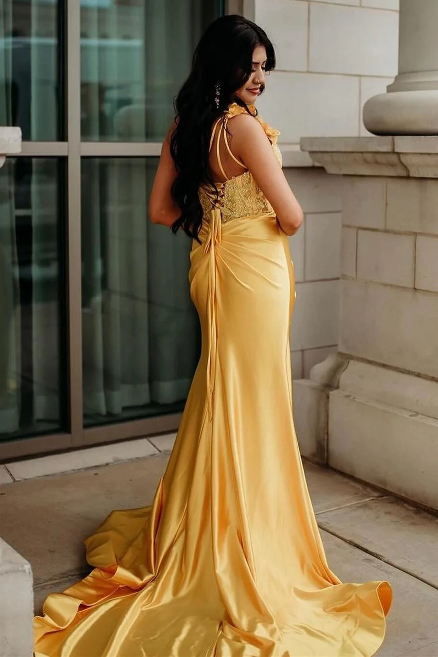 One-Shoulder 3D Floral Lace Pleated Long Gown with Slit