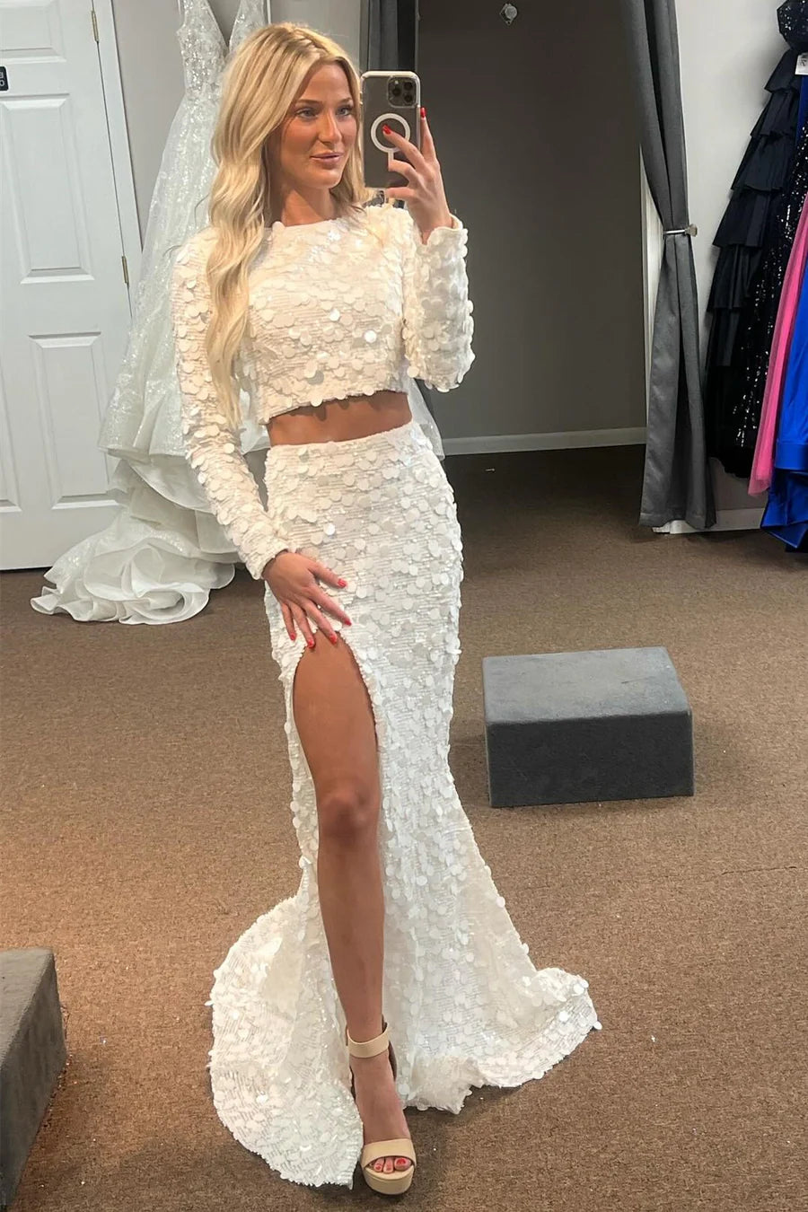 Two-Piece White Sequin Long Sleeve Maxi Dress with Slit