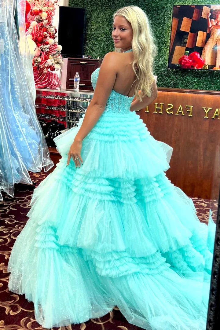 Tulle Appliques Halter Ruffle Tiered Ball Gown