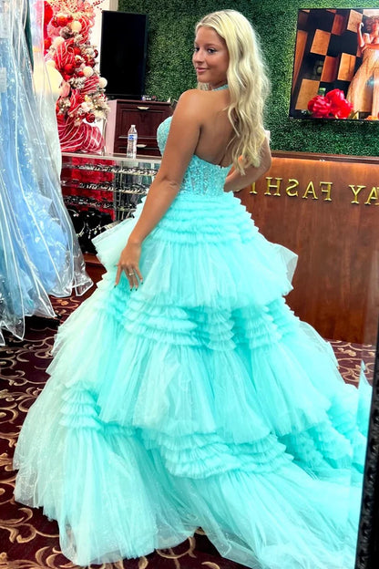 Tulle Appliques Halter Ruffle Tiered Ball Gown