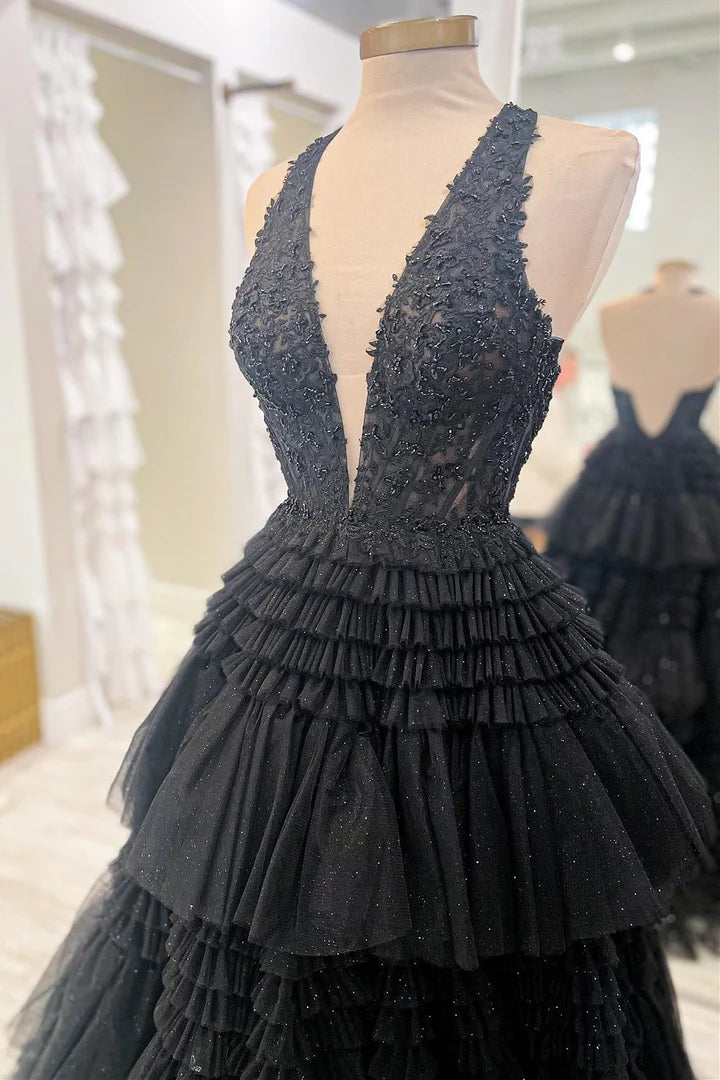 Tulle Appliques Halter Ruffle Tiered Ball Gown