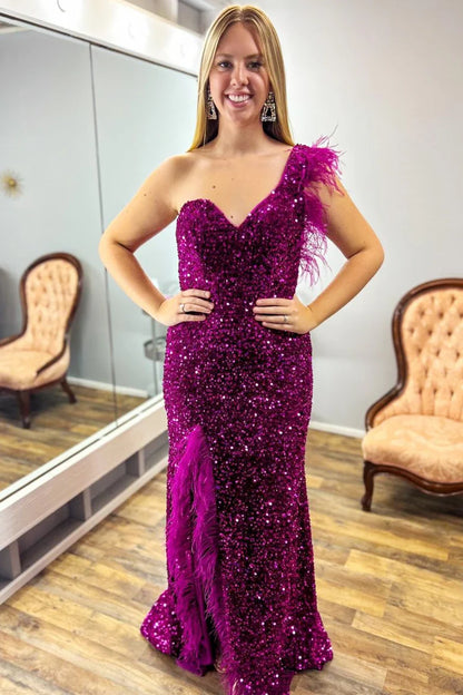 Sequin One-Shoulder Long Prom Dress with Feathers