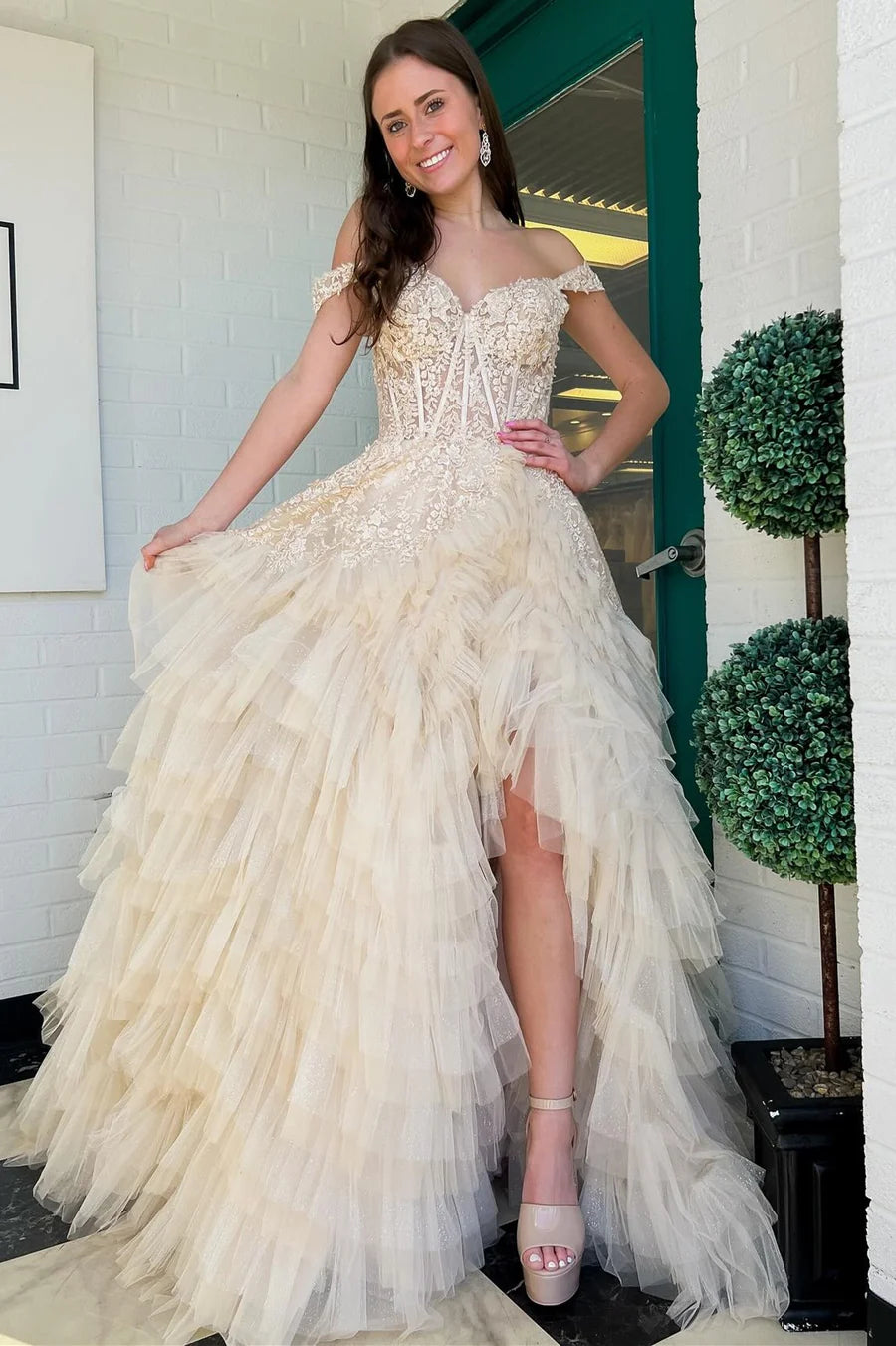 Appliques Off-the-Shoulder Ruffle Tiered Long Prom Dress