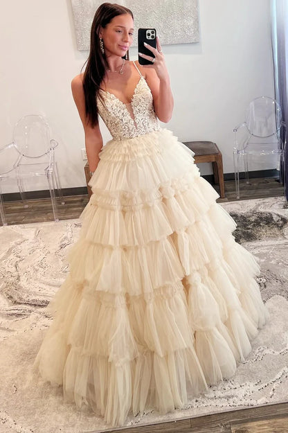 Beaded Spaghetti Strap Ruffle Tiered Ball Gown
