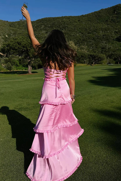 Scoop Neck Lace-Up Ruffle Tiered Maxi Dress with Slit