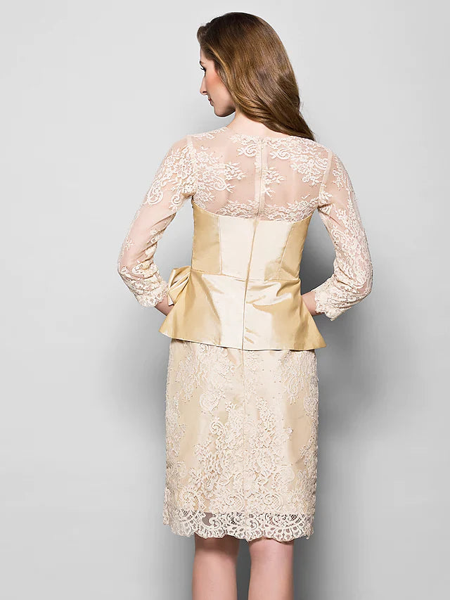 Mother of the Bride Dress Vintage Inspired Jewel Neck Knee Length Lace Taffeta 3/4 Length Sleeve with Bow(s) Side Draping