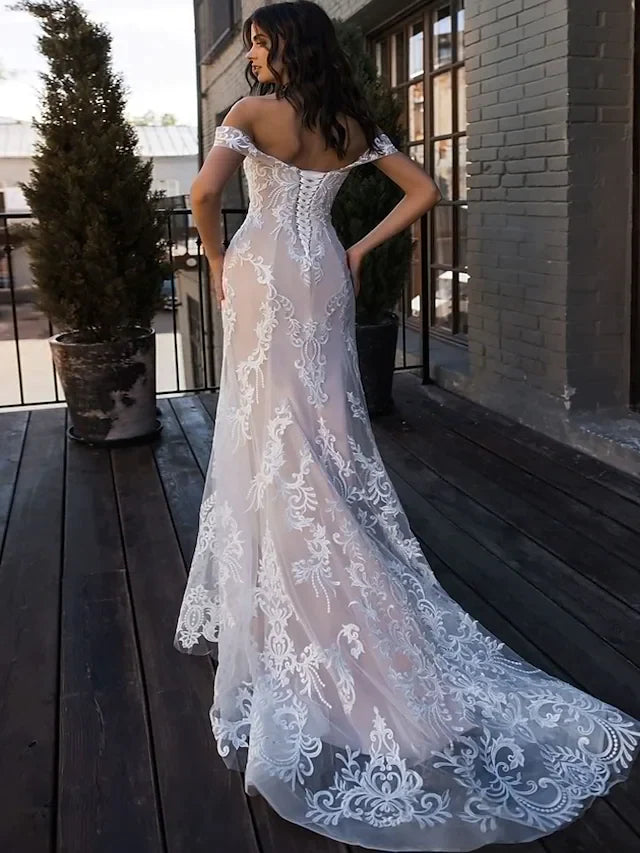 Wedding Dresses Sweetheart Neckline Court Train Lace Regular Straps Boho Illusion Detail with Lace