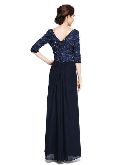 Mother of the Bride Dress Elegant V Neck Ankle Length Chiffon Lace Half Sleeve with Lace