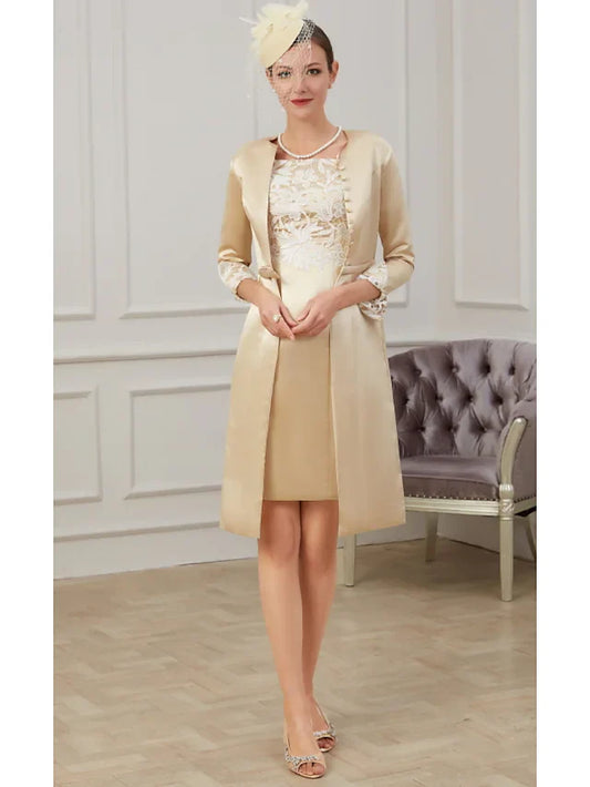 Mother of the Bride Dress Plus Size Jewel Neck Knee Length Lace Polyester 3/4 Length Sleeve with Lace Appliques Ruching