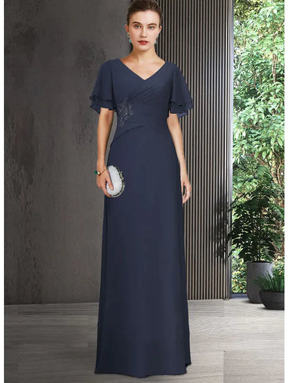 Mother of the Bride Dress Elegant V Neck Floor Length Chiffon Short Sleeve with Appliques Ruching