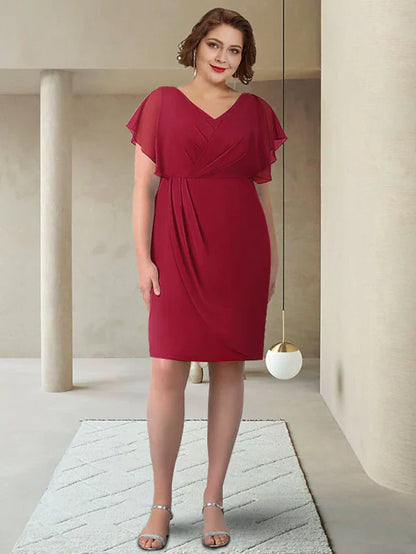 Mother of the Bride Dress Elegant V Neck Knee Length Chiffon Short Sleeve with Ruching