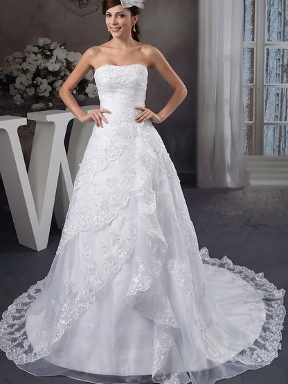 A-Line Wedding Dresses Strapless Chapel Train Lace Organza Satin Strapless with Beading Appliques Cascading Ruffles