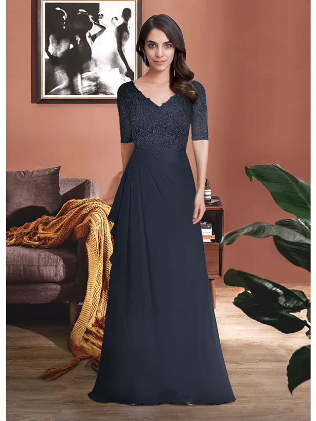 Mother of the Bride Dress Elegant V Neck Chiffon Lace Half Sleeve with Appliques Ruching