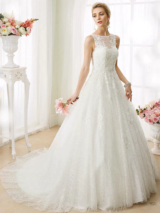 Ball Gown Wedding Dresses Bateau Neck Court Train Beaded Lace Regular Straps See-Through Beautiful Back with Beading Appliques