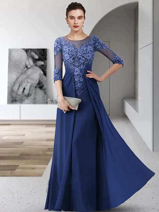 Mother of the Bride Dress Elegant Jewel Neck Floor Length Chiffon Lace 3/4 Length Sleeve with Appliques Ruching