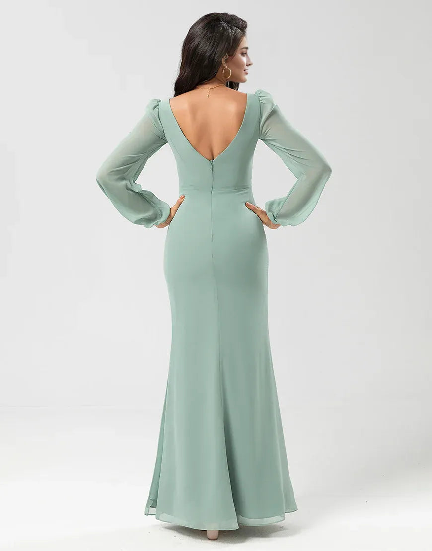 Long Sleeves Green V-Neck Twist-Front Bridesmaid Dress with Slit