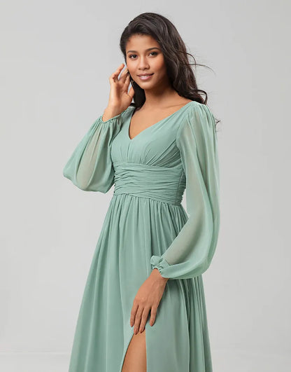 Chiffon A Line V-Neck Long Sleeves Split Fork Bridesmaid Dress with Buttons