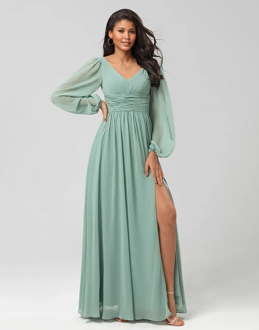 Chiffon A Line V-Neck Long Sleeves Split Fork Bridesmaid Dress with Buttons