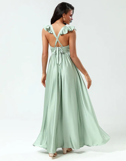 Deep V-Neck A Line Green Lace-Up Back Long Bridesmaid Dress with Ruffles