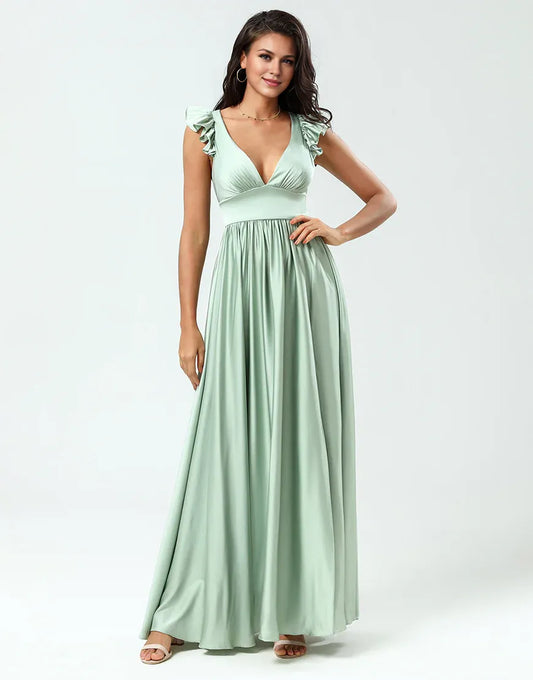 Deep V-Neck A Line Green Lace-Up Back Long Bridesmaid Dress with Ruffles