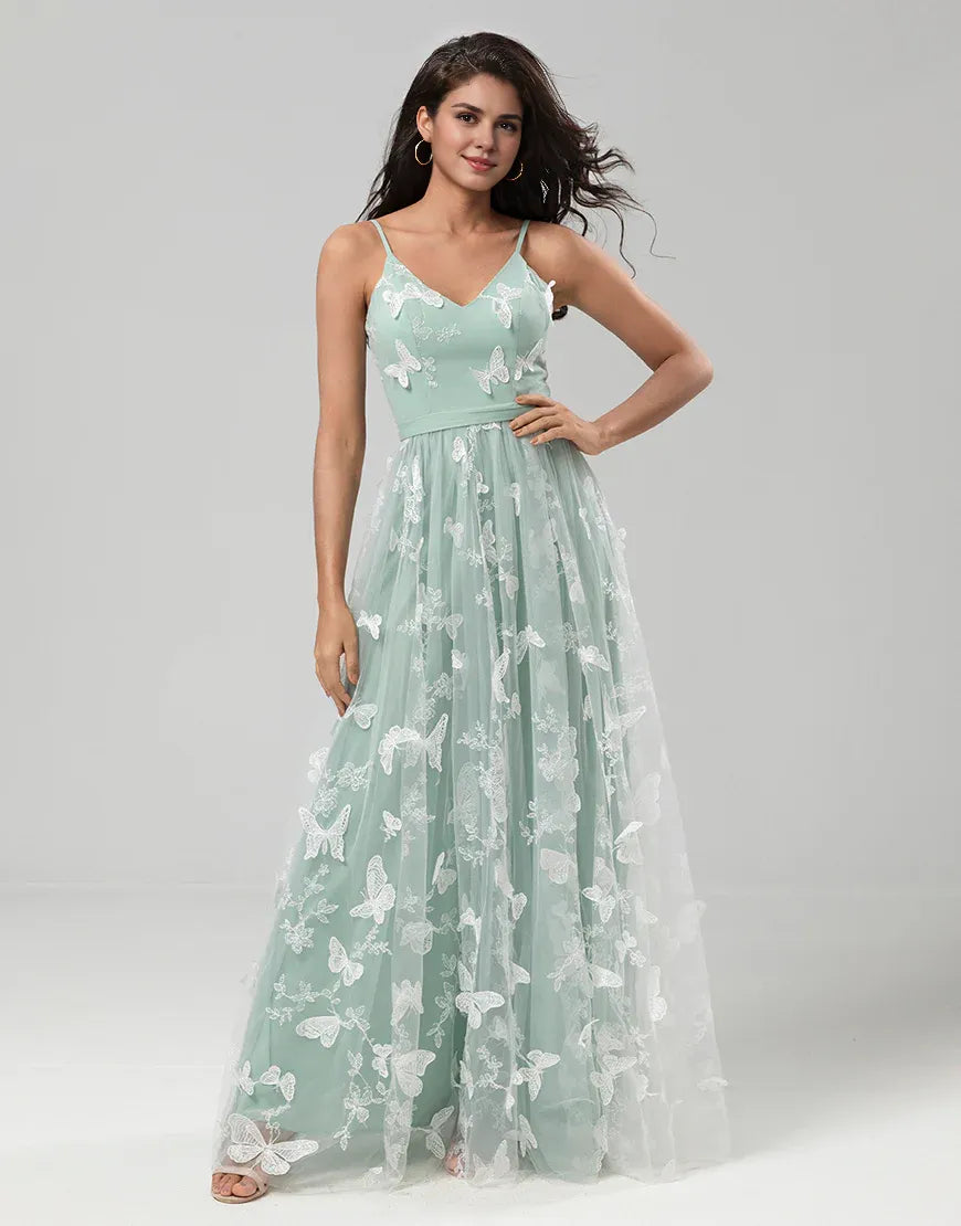 A Line V-Neck Spaghetti Straps Matcha Long Bridesmaid Dress with Appliques