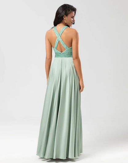 A Line V-Neck Matcha Backless Sequin Pleats Long Bridesmaid Dress with Beading